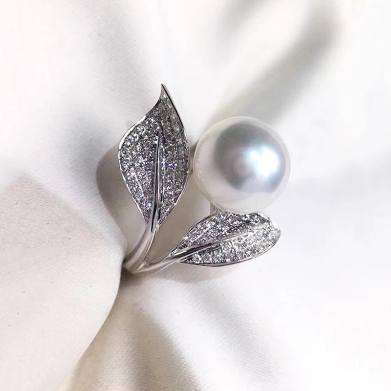 Huitan Blatt Design Simulierte Perle Finger Ring für Frauen Hochzeit Band Ästhetische Braut Zubehör Party Chic Weiblichen Schmuck Neue