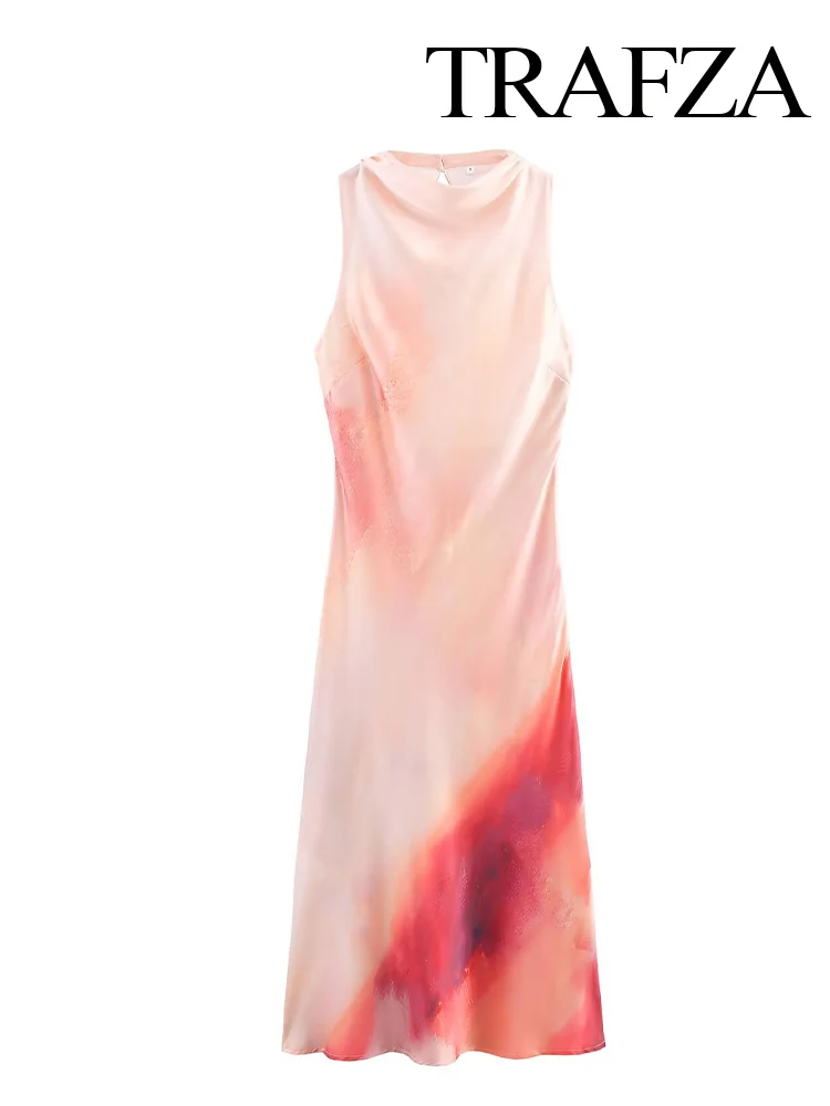 

TRAFZA Women's 2025 New Fashion Round Neck Tie Dye Silk Satin Texture Midi Dress Female Elegant Simple Banquet Sleeveless Dress