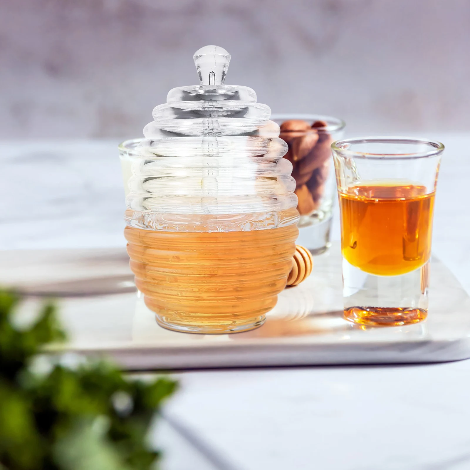 

1 set Jar With Dipper Transparent Plastic Storage Container For Kitchen Use Smooth Design Easy Pour Honey Dispenser Clear Syrup