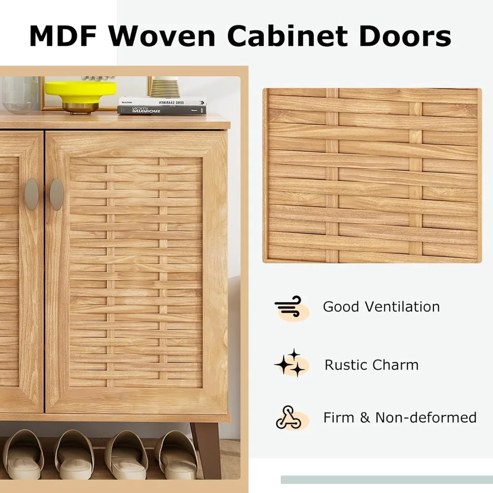 خزانة تخزين الأحذية ذات 4 طبقات على طراز المزرعة مع بابين و3 أرفف قابلة للإزالة، منظم ريفي قائم بذاته للمنزل #6