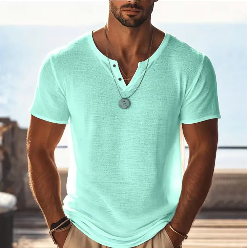 Summer New Henley Shirts Men's Fashion Streetwear Oversized Tees Tops Button V-neck Short Sleeve Solid T Shirt Man Clothing
