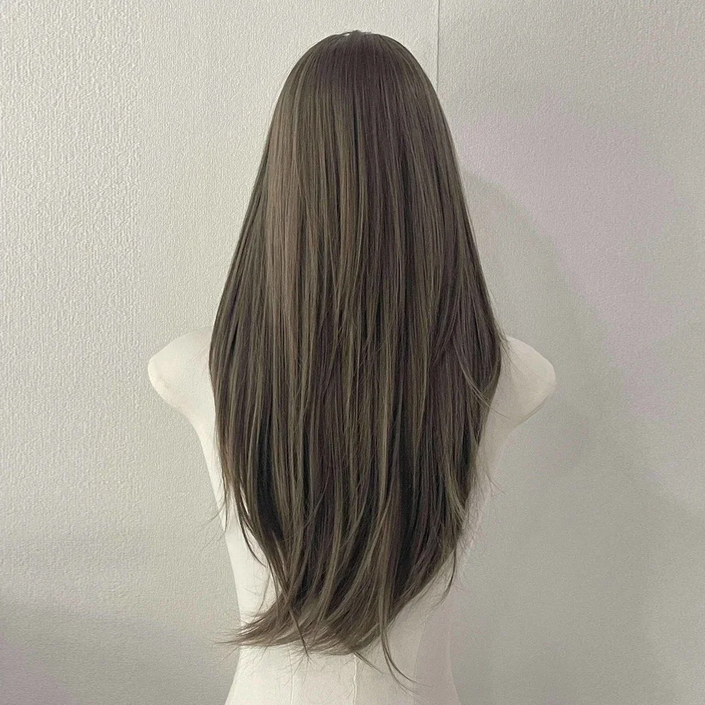 رمادي براون الاصطناعية شعر مستعار طويل مستقيم لوليتا تأثيري رقيق المرأة شعر مستعار مقاومة للحرارة شعر مستعار للحزب اليومي #2