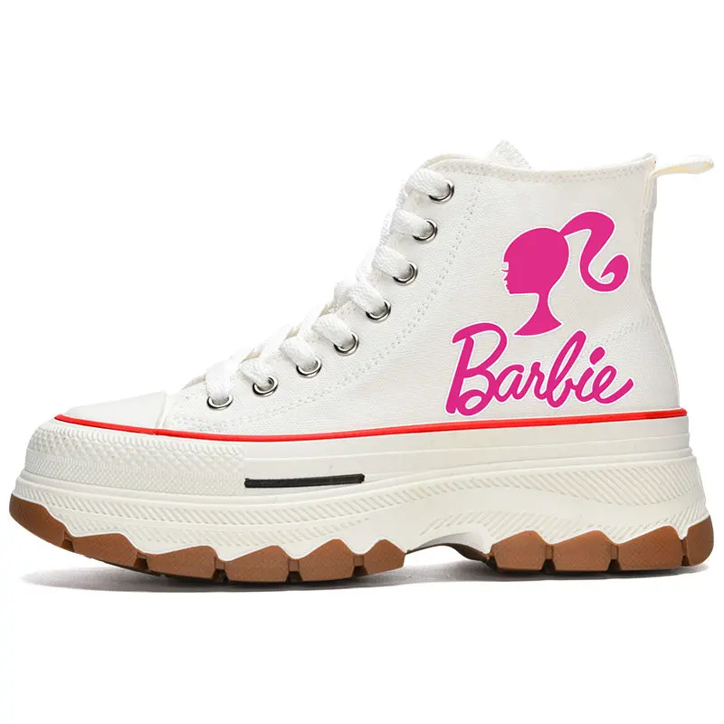 Woman Barbie Shoes Girls High Top Canvas teen  Casual Sneakers  White Shoes Cartoon Barbie Tennis elevator shoes Size 35-40