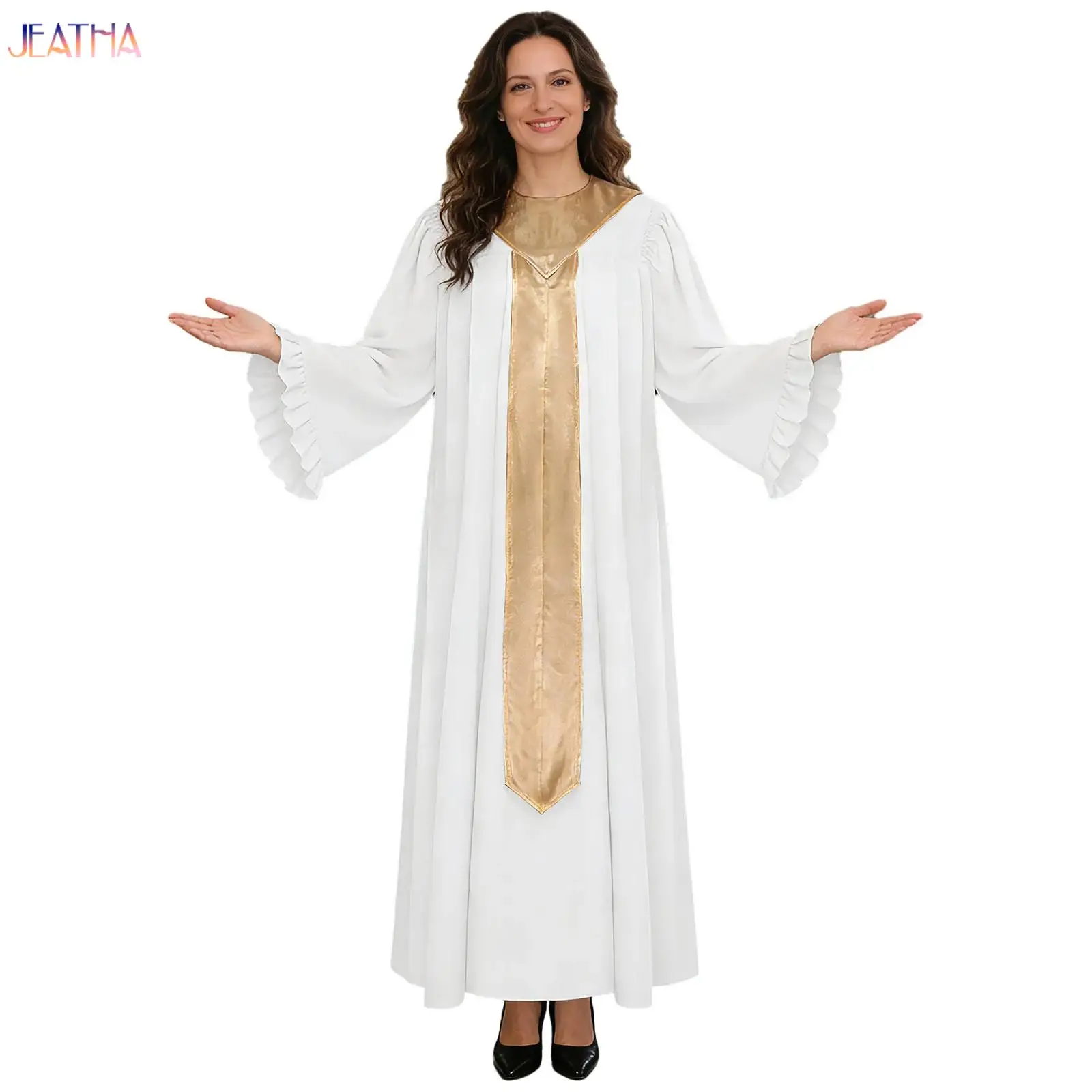 

Women Mens Church Choir Robe Halloween Cosplay Theme Party Cosplay Costume Metallic Long Sleeve Judge Robe Graduation Gown Dress