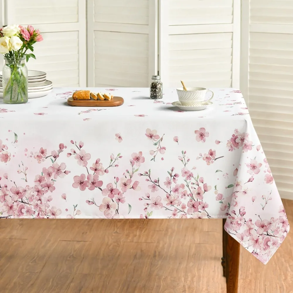1pc of Spring Rectangular Tablecloth with a Pink Cherry Blossom Pattern, Wedding Decorations, Summer Decoration, Garden Decor for Outside, Outdoor Decor, Washable Seasonal Table Cover Suitable for Party, Picnic, And Dinner Decoration