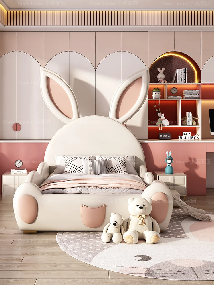 

Children's and girls' princess beds, pink girls' single beds, teenagers' rabbit beds, multifunctional with guardrails