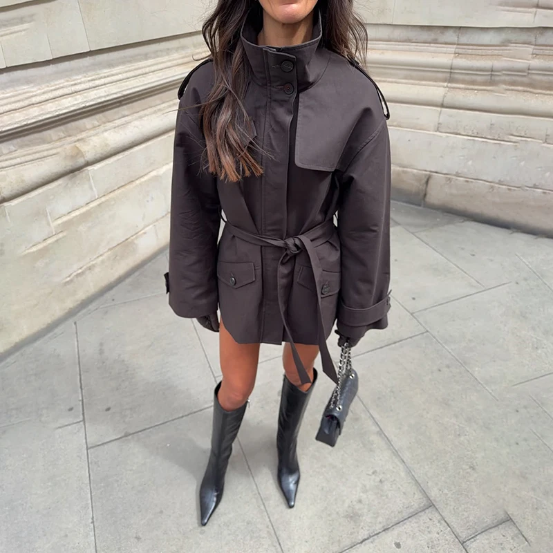 Solid Women's Trench Jacket Commute Stand Collar Long Sleeve Windbreaker With Lace Up Pocket 2026 New Autumn Street Lady Jackets