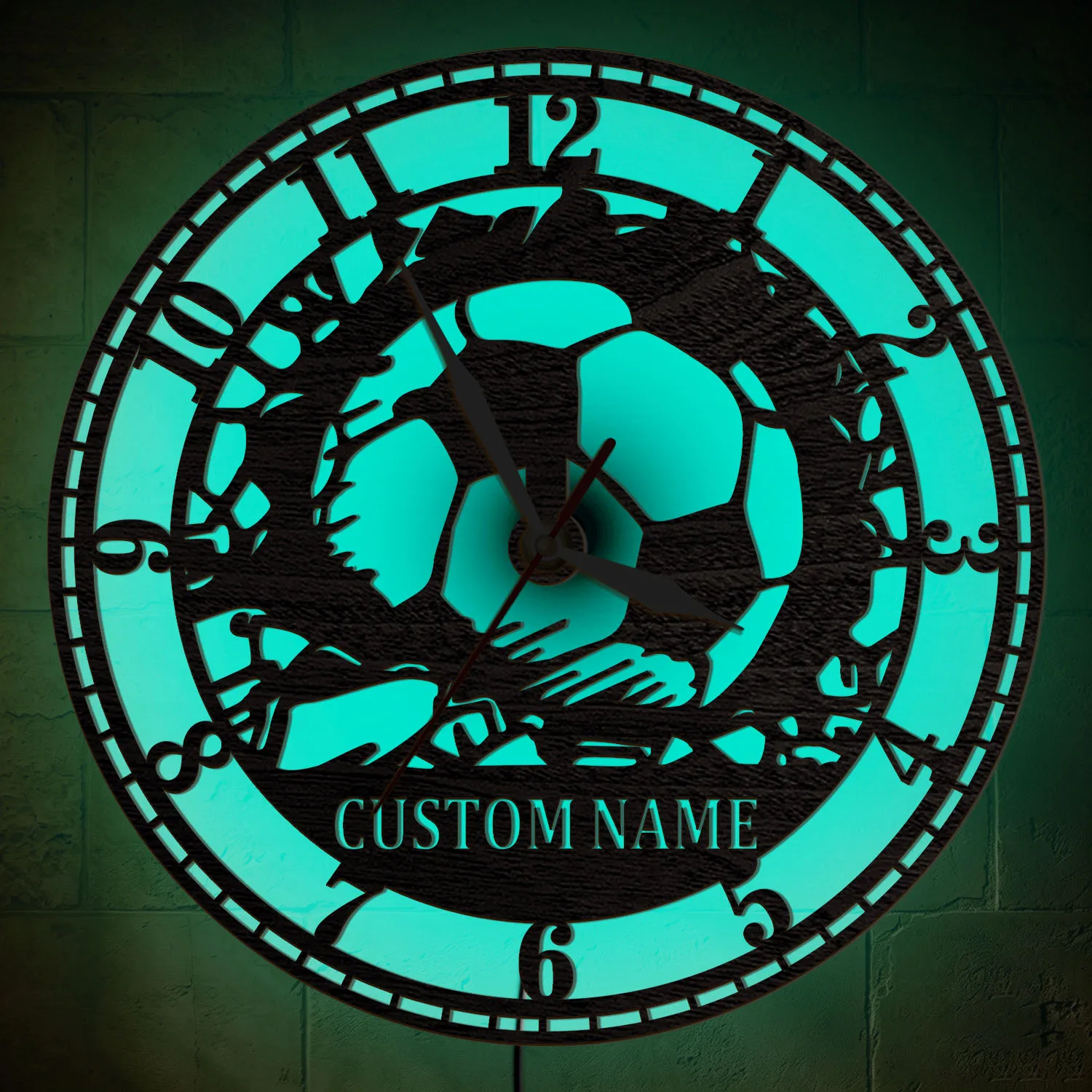 Personalized Name Football Wooden Night Light Wall Clock with RGB Color Changing Soccer Ball Customized Wall Clock Glow in Dark