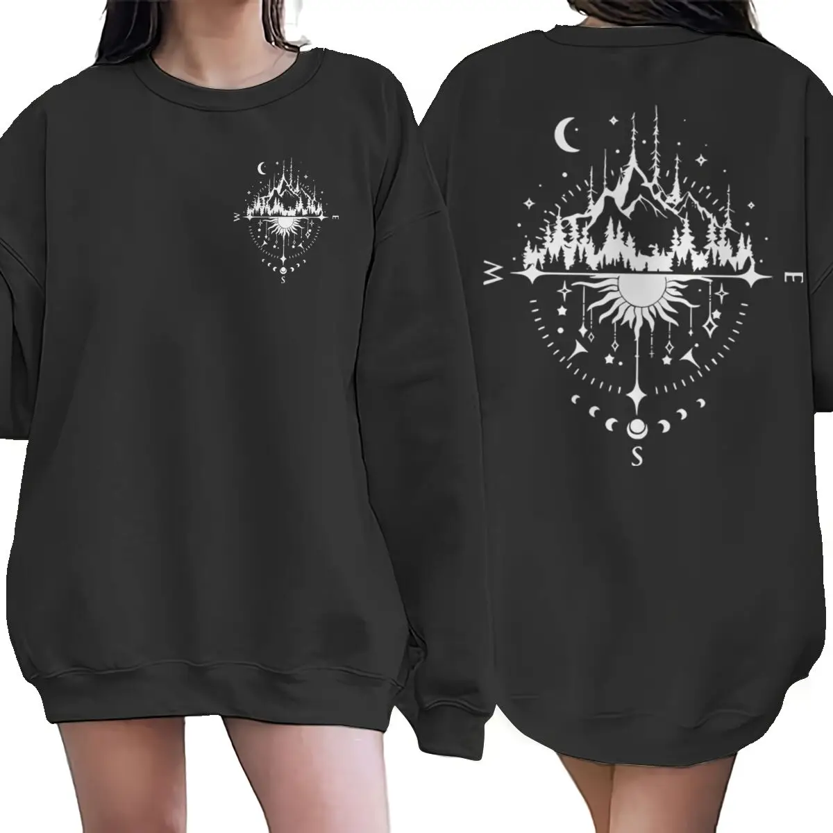 Castle & Sun Compass Print Men Women Sweatshirt Fashion Casual Long-sleeved Shirt Unisex Harajuku Compass Graphic Sweatshirts