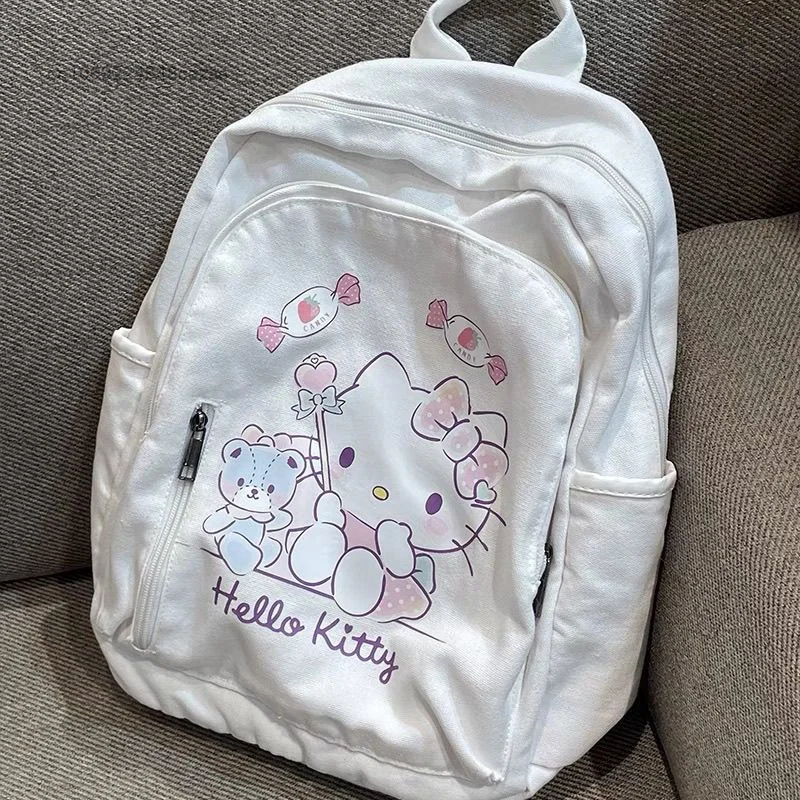 Sanrio Hello Kitty nowy plecak płócienny biały słodki nadruk kreskówkowy podwójne torby na ramię Y2k dziewczyna w stylu College Bag koreańska torba