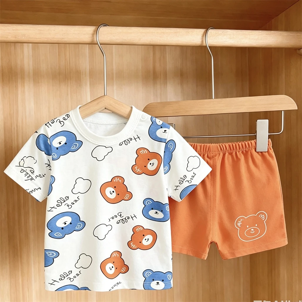 Cartoon TShirt+Shorts Two Piece Set Summer Clothes Fashion Casual Tees Loose Shorts Short-sleevd Outfits For Boys And Girls