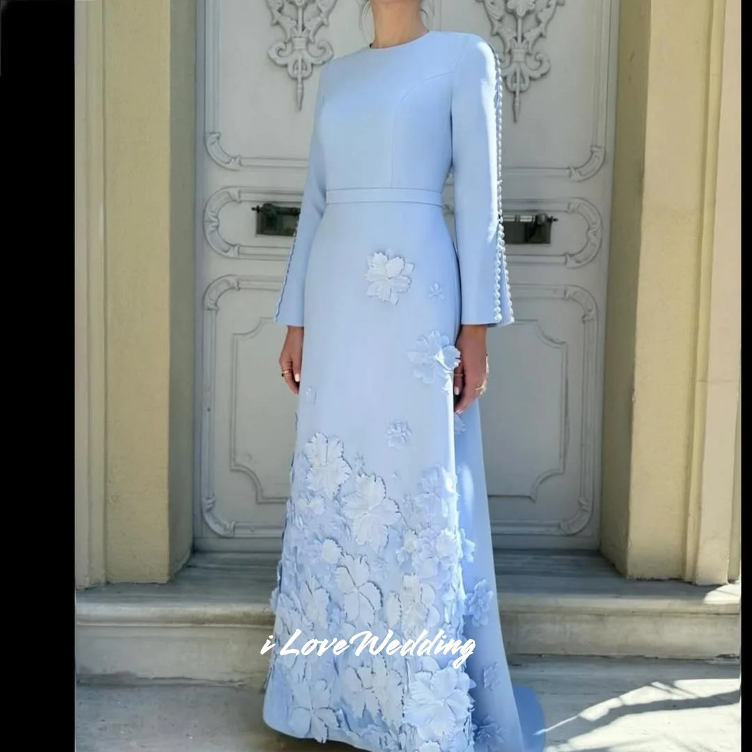 Light Blue O-Neck Evening Dress 2025 Satin Long Sleeve Flower A-Line Button Floor-Length Pleat Prom Dress Party Dress Customized