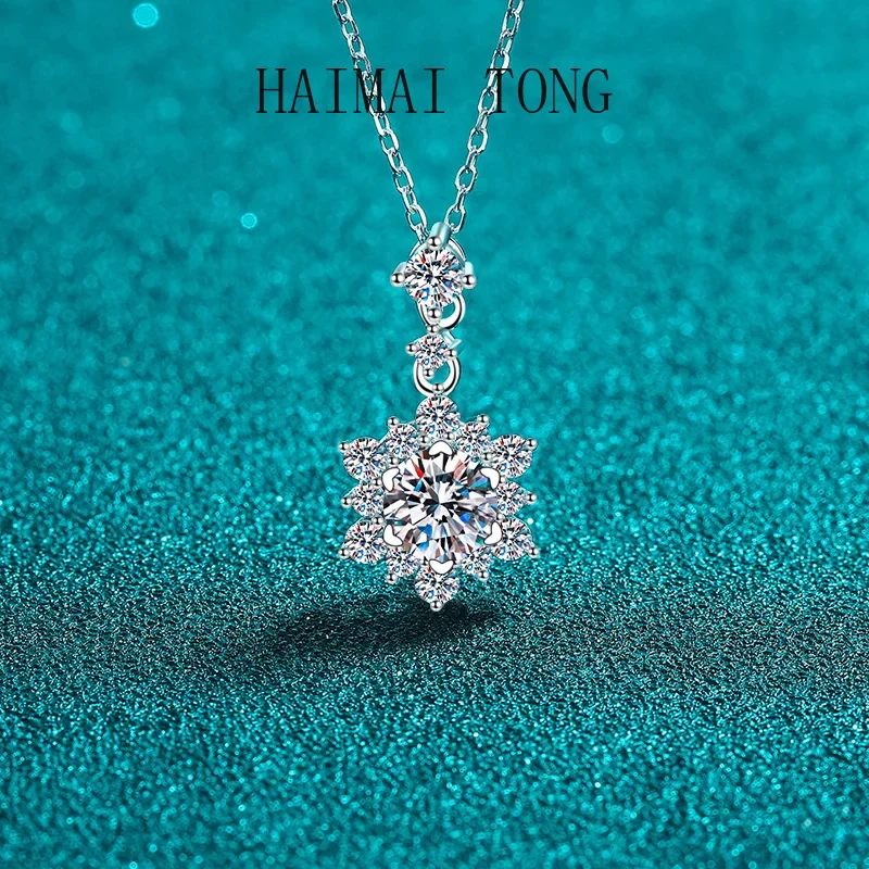 

HAIMAITONG Sapphire moissanite necklace with snowflake pendant in Pt950 platinum collar chain for women