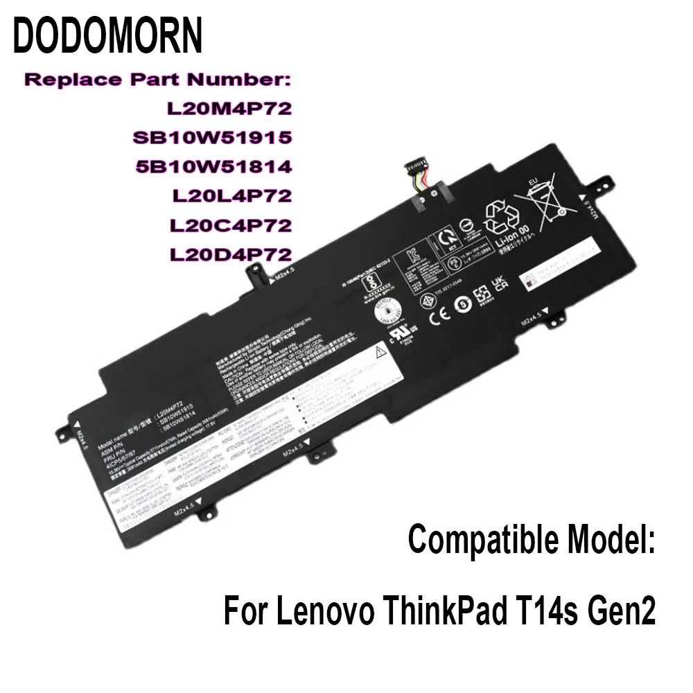 DODOMORN-Bateria para Lenovo Thinkpad, Bateria para T14s Gen 2, Série L20C4P72, L20L4P72, L20D4P72, 4ICP5/67/67, SB10W51913, Novo, Em estoque