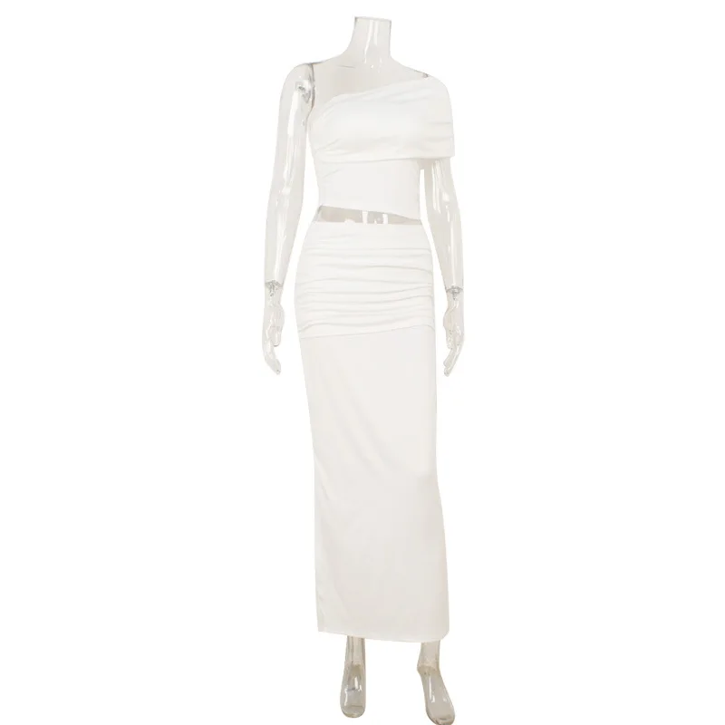 SKMY Solid Color 2025 Sexy One Shoulder Chest Wrapped Crop Tops High Waist Long Skirts Elegant Two Piece Sets Women Outfits - Image 4