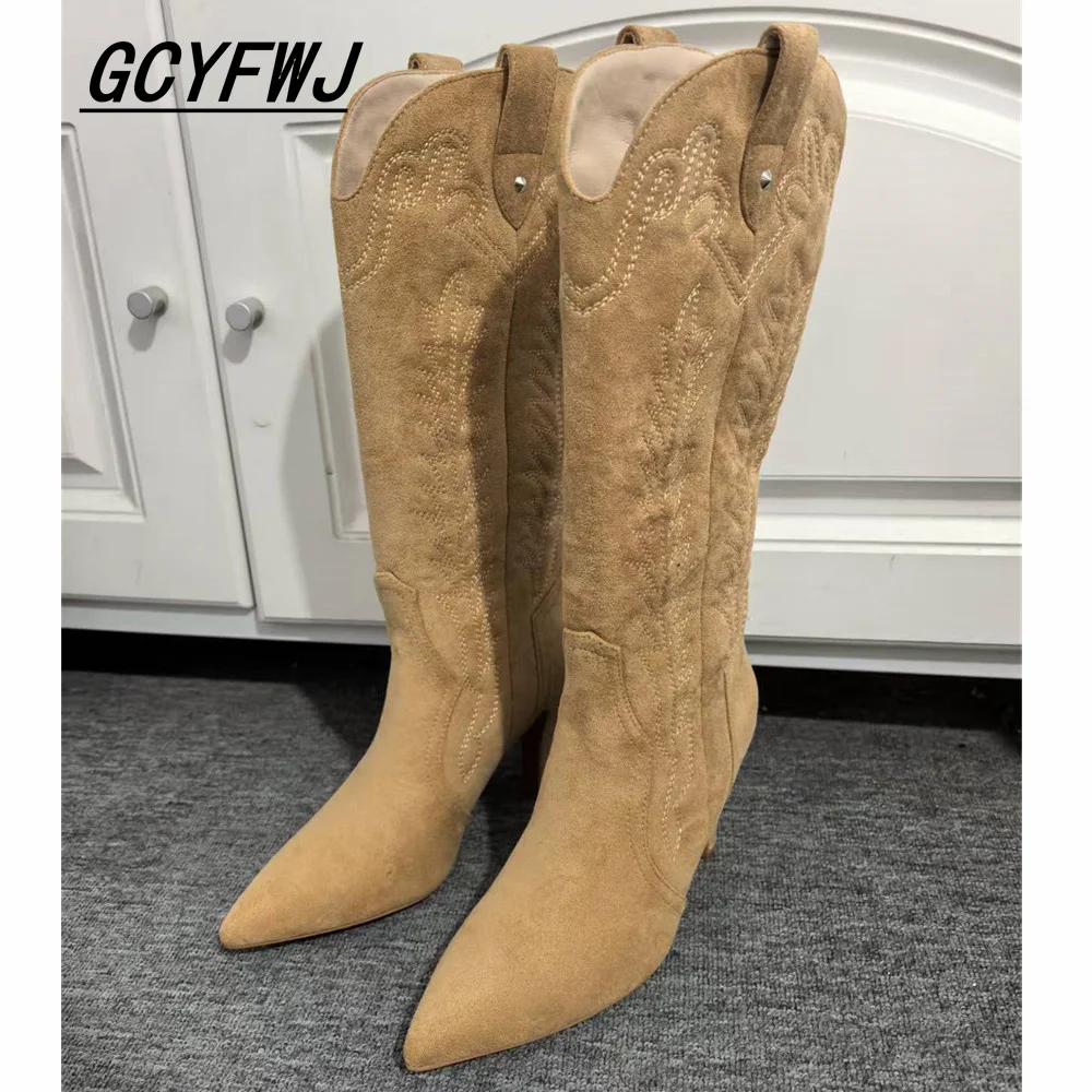 

2025 Women Fashion Pointed Toe Boots for Woman's Genuine Leather Europe America Embroidery Thread Botas Mujer Luxury Design Shoe