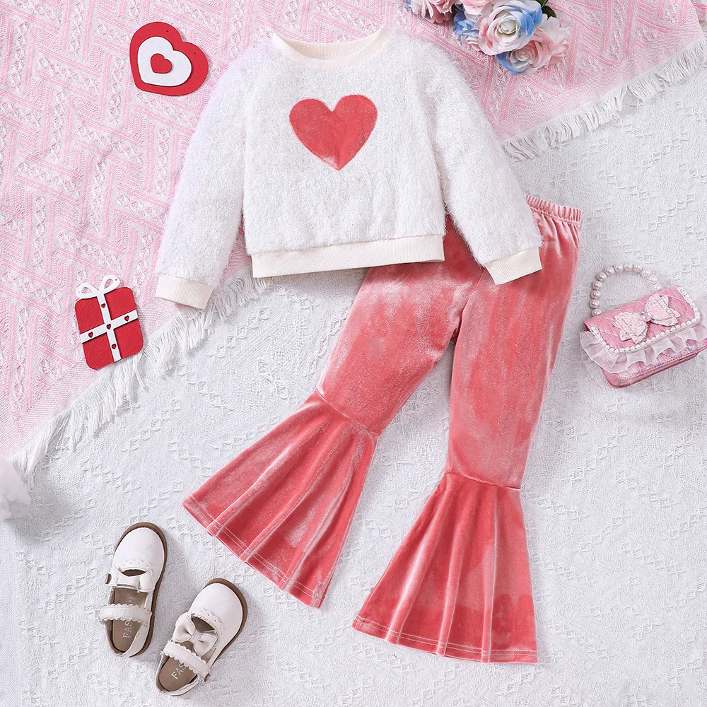 2024 Clothing Set Girls Long Sleeve O Neck Velvet Print Heart T-shirt Pink Flare Pants 2 Pcs Sets Casual Girls Clothes Set 2-7T