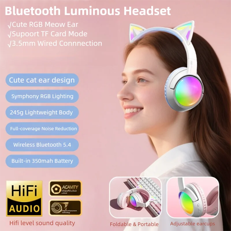 

Pink Cute Cat Ear Headphones RGB Luminous Wireless Call Noise Cancelling Bluetooth 5.4 20H Life 3.5mm TF Card Mode Girl Headset
