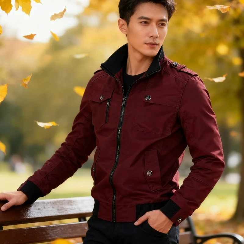

2026 Весна и осень, новая мужская свободная повседневная однотонная куртка, мужская деловая повседневная модная ветровка, куртка