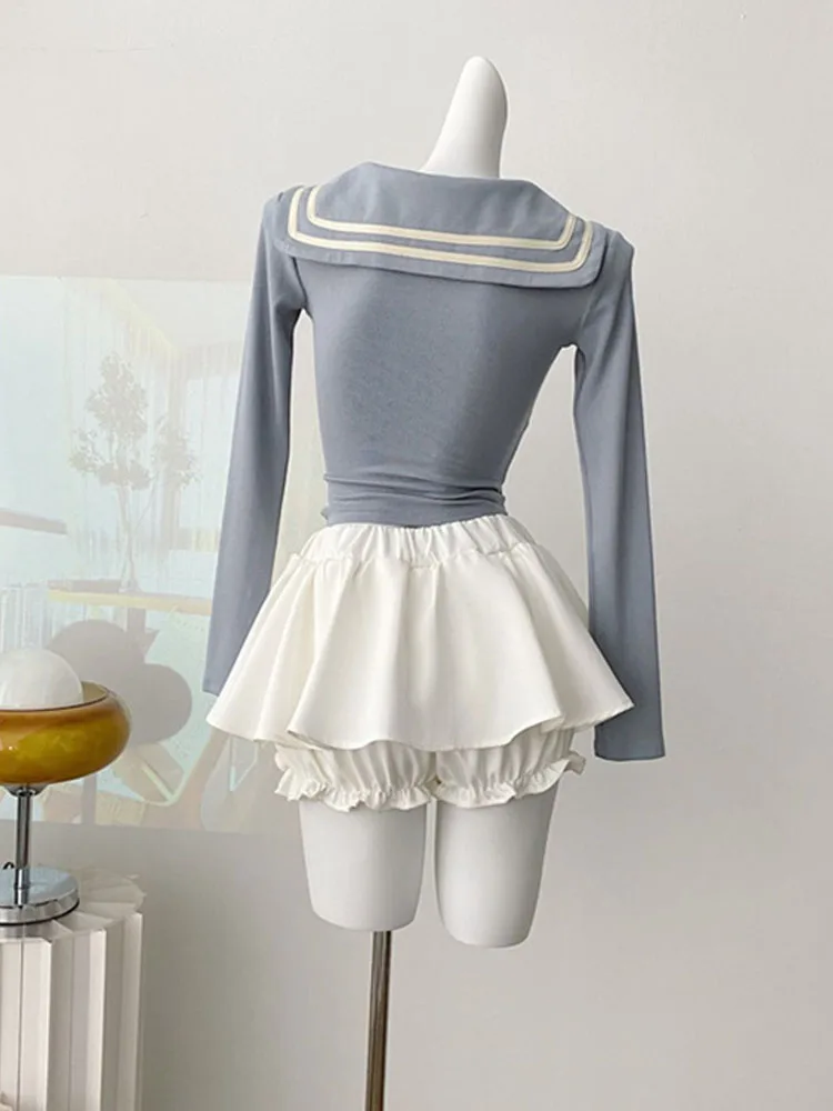 High Quality Tide Outfits 2 Piece Skirt Set Gyaru Preppy Style Sailor Collar Blouses Bow + Elastic Waist Pleated Skirt Coquette