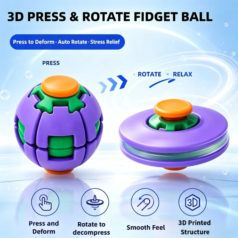 Rotatable Fidget Ball 3D Printed Push Pop Spinning Finger Gyro Sphere Hard Plastic Stress Relief Sensory Toy Desk Decor Set Kit