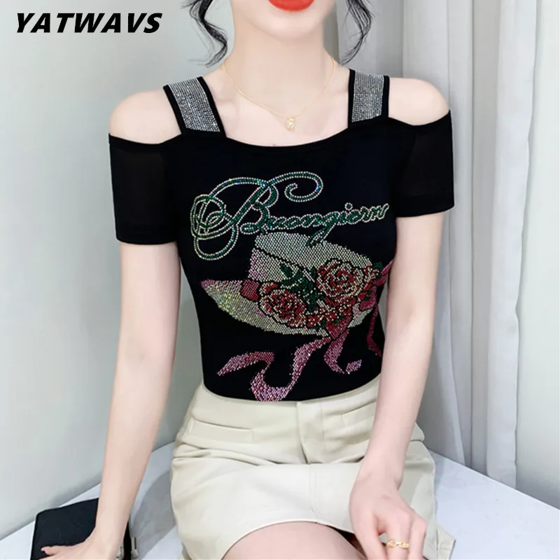

Высококачественная летняя шикарная шляпа с бриллиантами, женская футболка, новая мода, сексуальный сетчатый топ с открытыми плечами, женские брендовые футболки с короткими рукавами