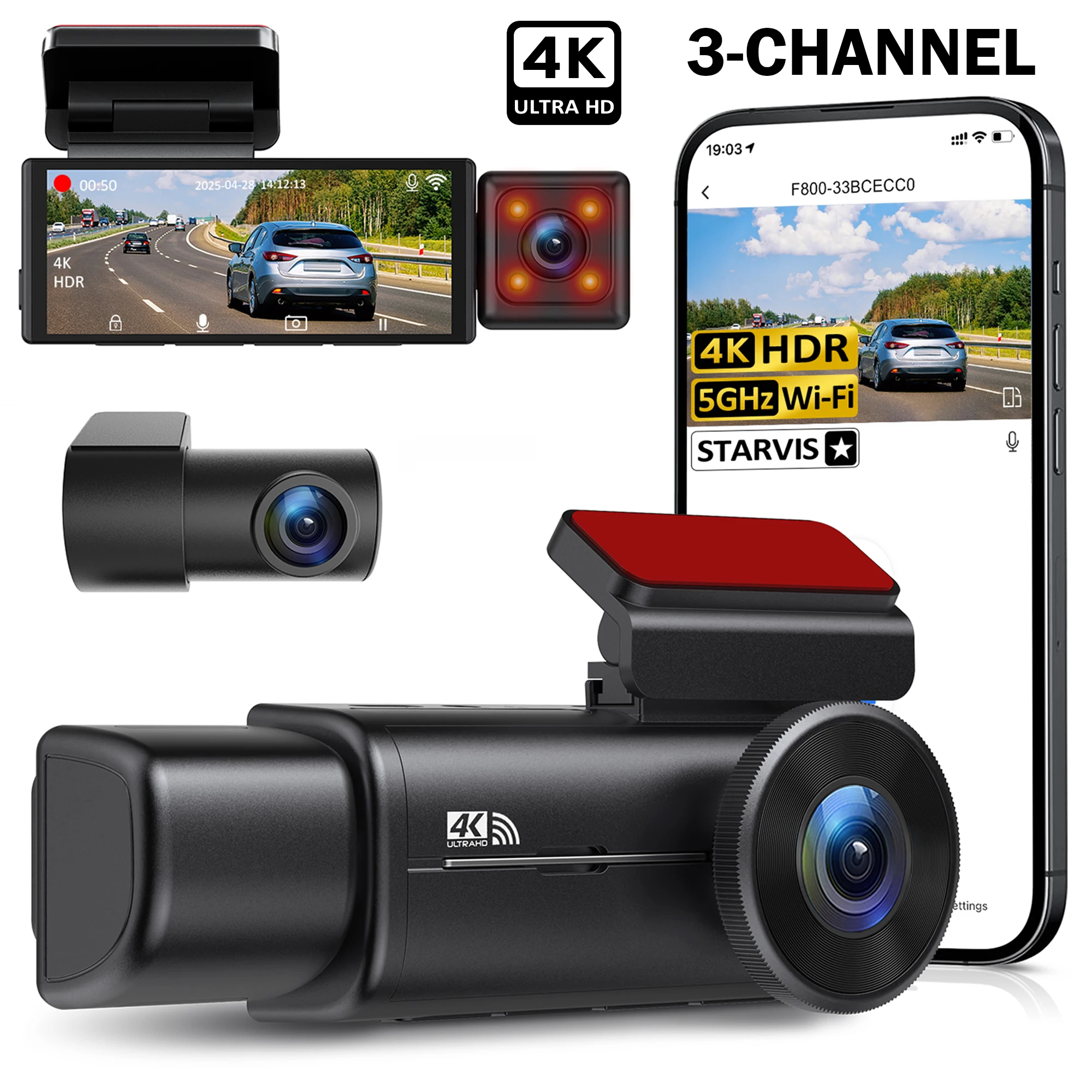 

Dash cam 4K UHD WiFi Camera 3Channel Black Box Front inside Rear Video Recorder HDR NightVision 24H Parking Monitor Free sd card