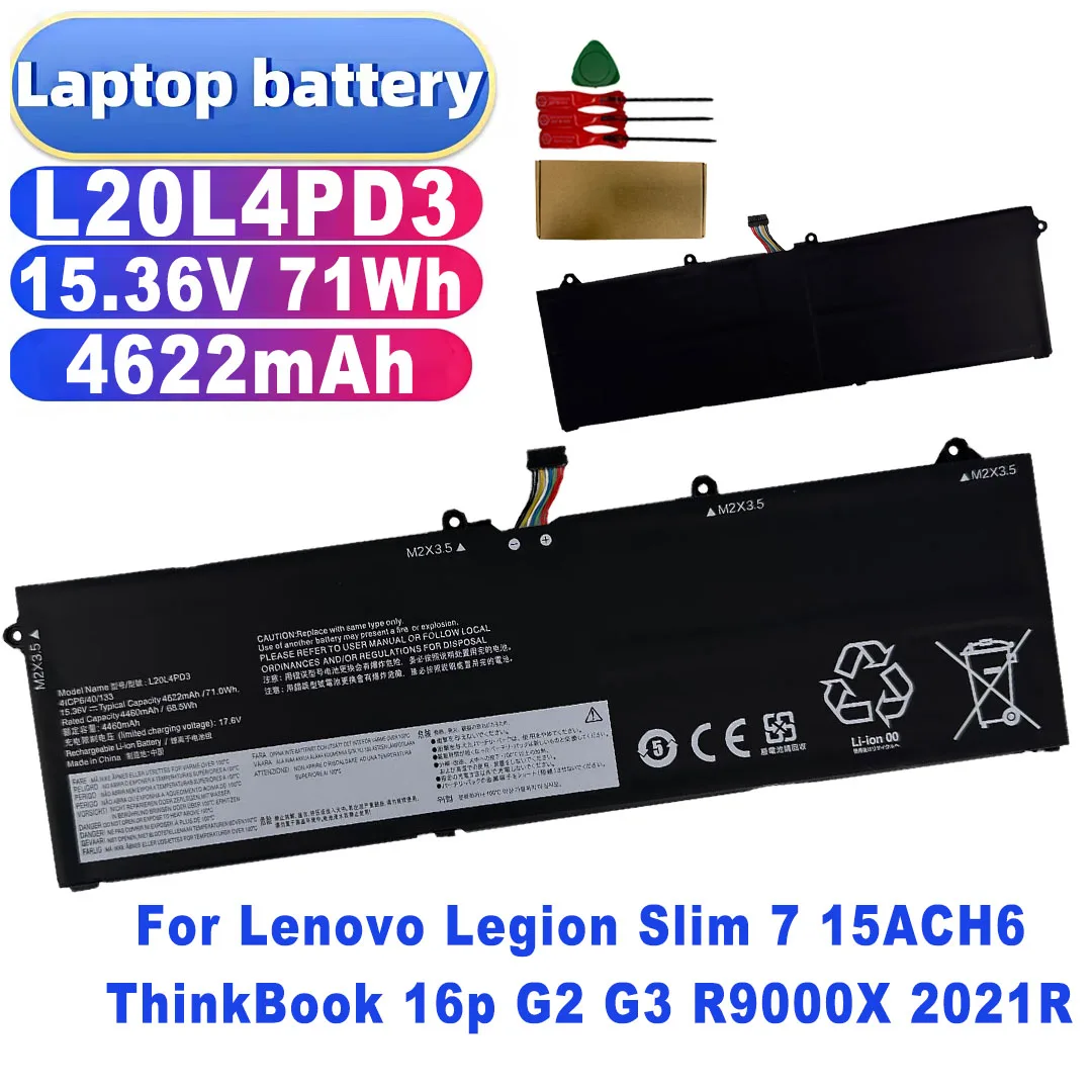 L20L4PD3 L20M4PD3 Battery 15.36V 71Wh 4622mAh for Lenovo Legion Slim 7 15ACH6 ThinkBook 16p G2 G3 R9000X 2021R