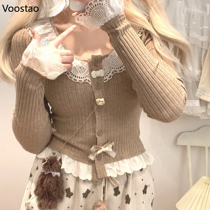 Japanese Sweet Lolita Style Knitted Shirt Women Kawaii Bow Cartoon Cat Buttons Lace Ruffles Slim Blouse Female Korean Crop Tops