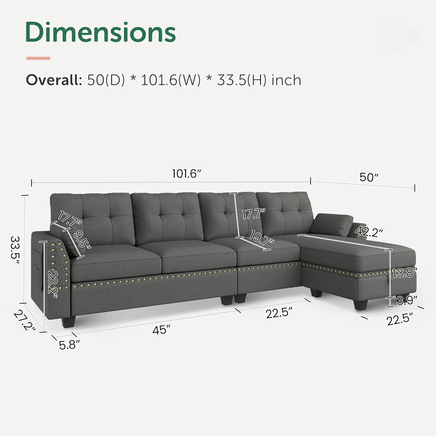 Flip profile L-shaped sofa, convertible, 4-seat apartment profile sofa, dark gray