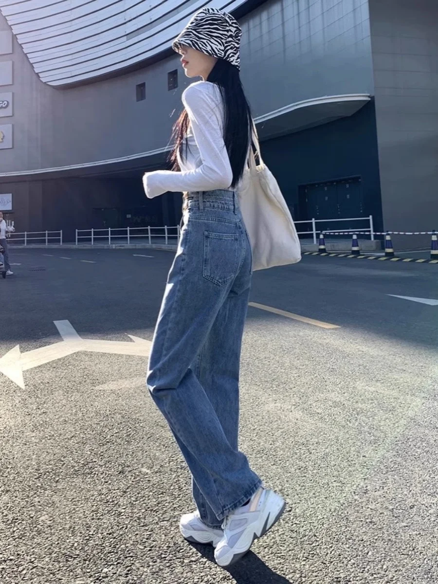 

High Waist Wide Leg Jeans Women's Summer Thin Straight Cut Pants Long Trousers Denim Blue Anti-Bacterial Ladies Jeans
