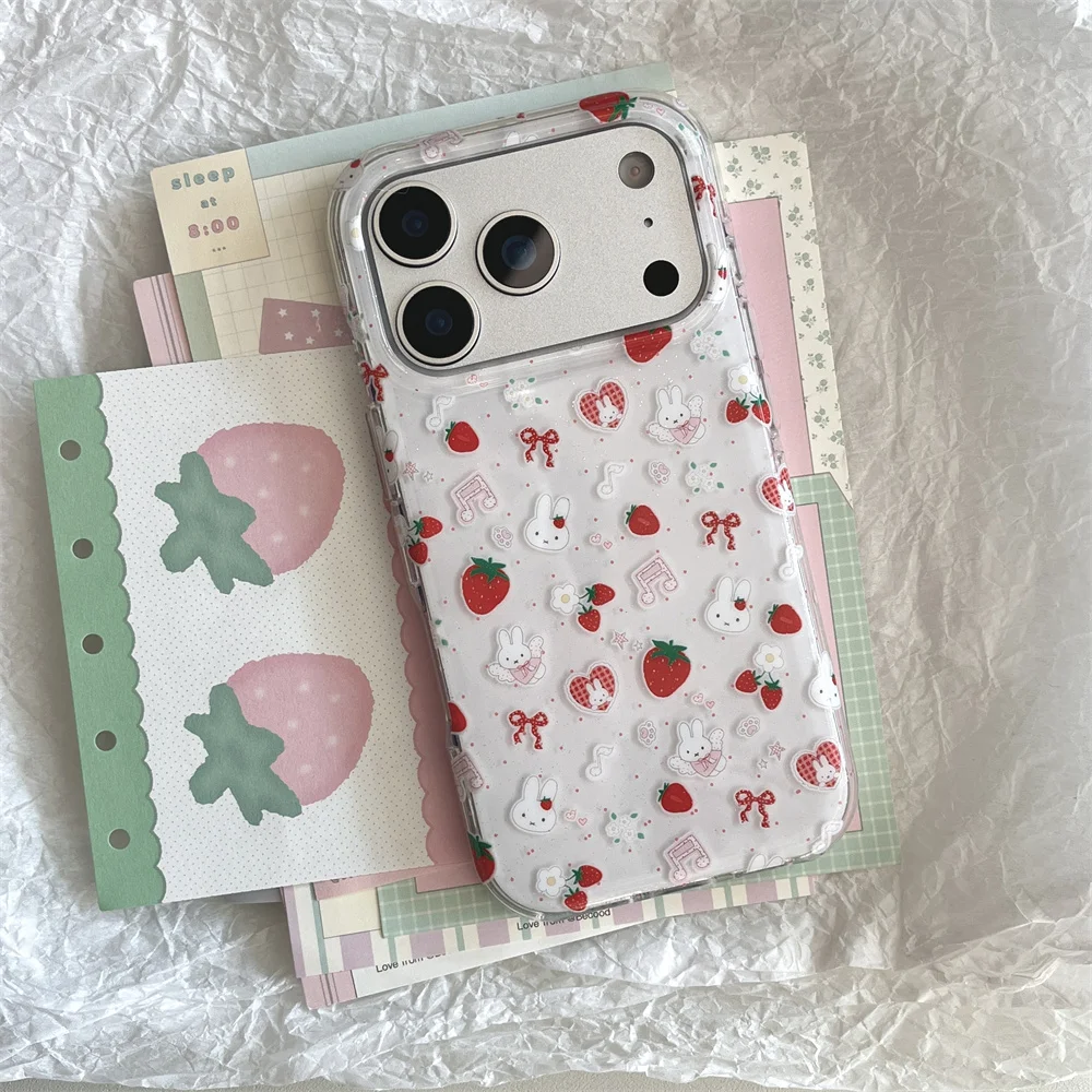Niedliche Erdbeer-Kaninchen-Handyhülle für iPhone 17 14 15 Pro 16 Pro Max – Polka Dots Cartoon Stoßfeste Schutzhülle mit Scharnier – Detail 2