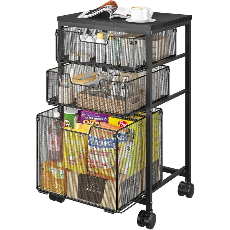 

Тележка для хранения на колесах с большим выдвижным ящиком и 2 маленькими ящиками, металлическая тележка-органайзер на колесах с деревянной столешницей для рукоделия и творчества