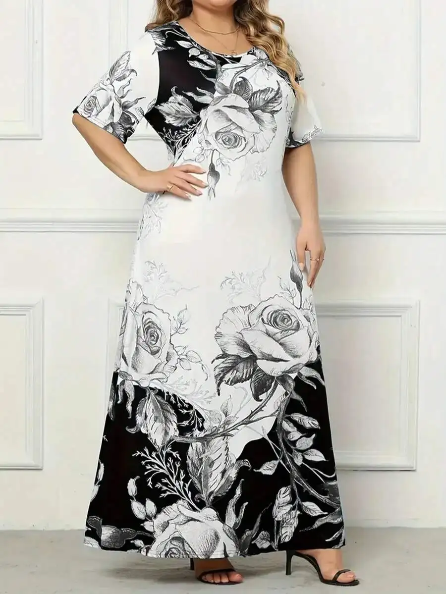 

Plus Size Womens Long Black And White Rose Print Maxi Dress, Short Sleeve, Round Neck, With Pockets For Casual Summer Or Fall