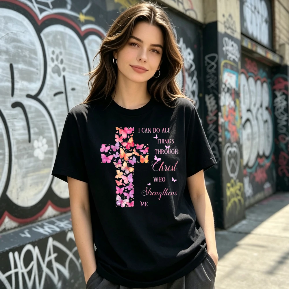 Unisex Christian Faith T Shirt Butterfly Cross I Can Do All Things Through Christ Slogan Graphic Crew Neck Short Sleeve Hipster