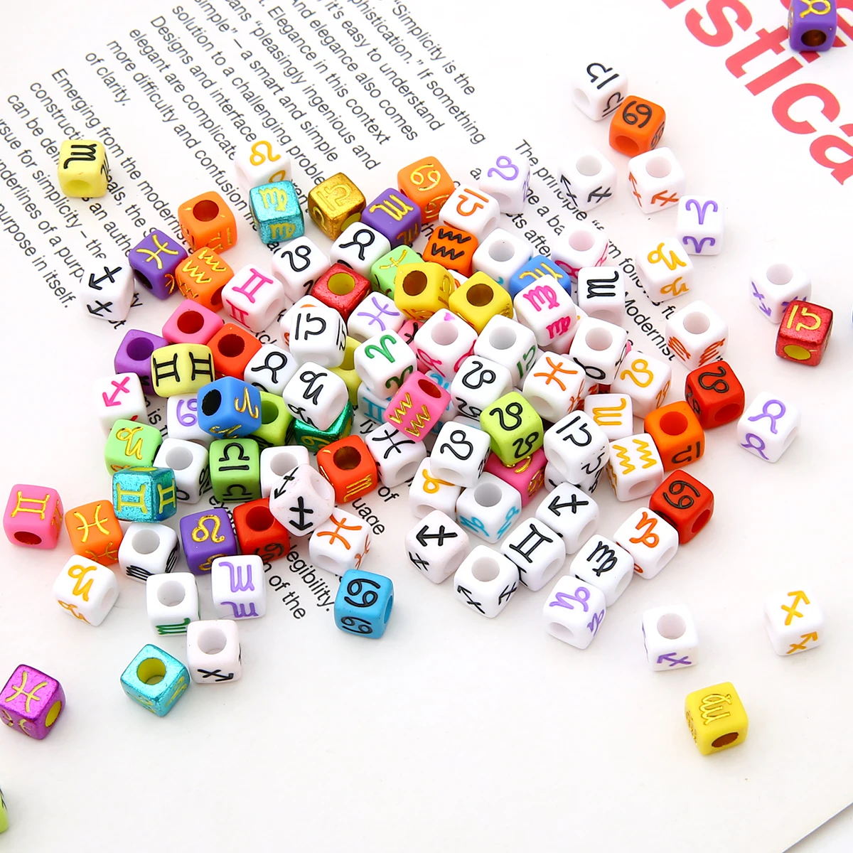 50 Stück Acryl-Sternzeichen-Perlen, zufällig gemischt, quadratische Alphabet-Perlen für die Schmuckherstellung, DIY-Armband, Halskette – Detail 4