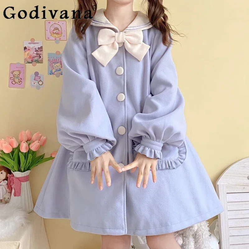 

Japanese Sweet Cute Lolita Woollen Overcoat Girly Kawaii Sailor Collar Bow Autumn Winter Mid-length Cardigan Jacket College Coat