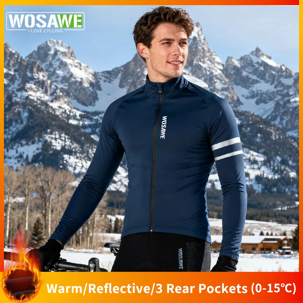 

WOSAWE Men Cycling Jacket Autumn Winter Thermal Fleece Coats Windproof Bicycle Clothing Motorcycle Jackets with 3 Back Pockets