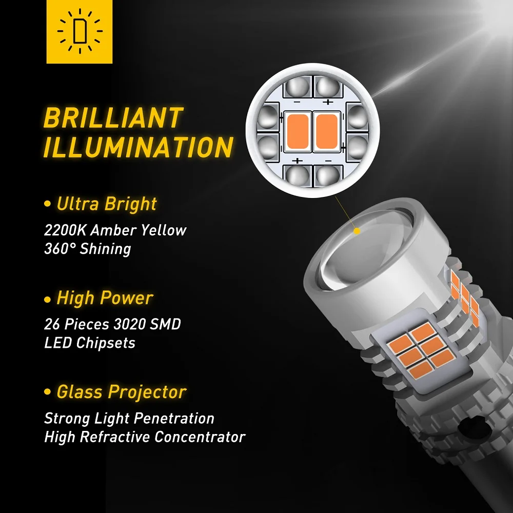 AUXITO 2Pcs BA15S BAU15S 1156 LED Bulb T20 7440 W21W WY21W LED Turn Signal Canbus No Hyper Flash Amber P21W PY21W Light Bulbs