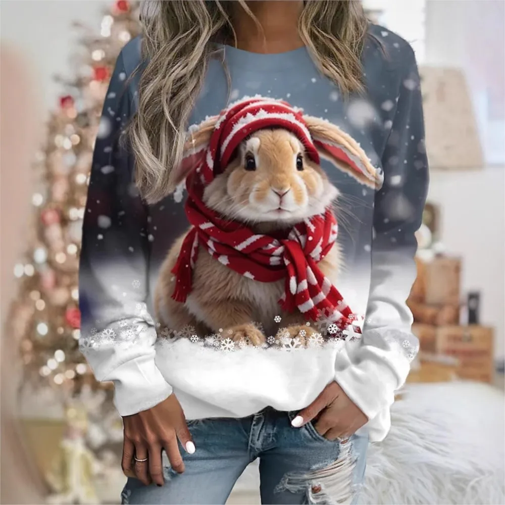 Nouveau 3D numérique imprimé lapin de noël mignon col rond pull à manches longues vêtements de sport décontracté ample sweats haut Femenino