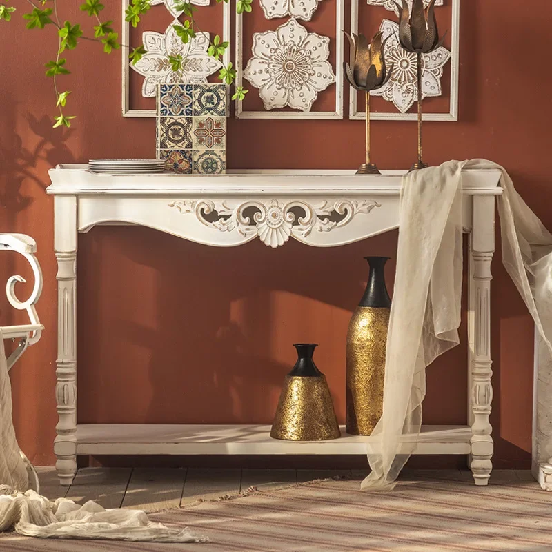

Hotel French style white carved end view table, living room, company corridor, retro vintage style porch table