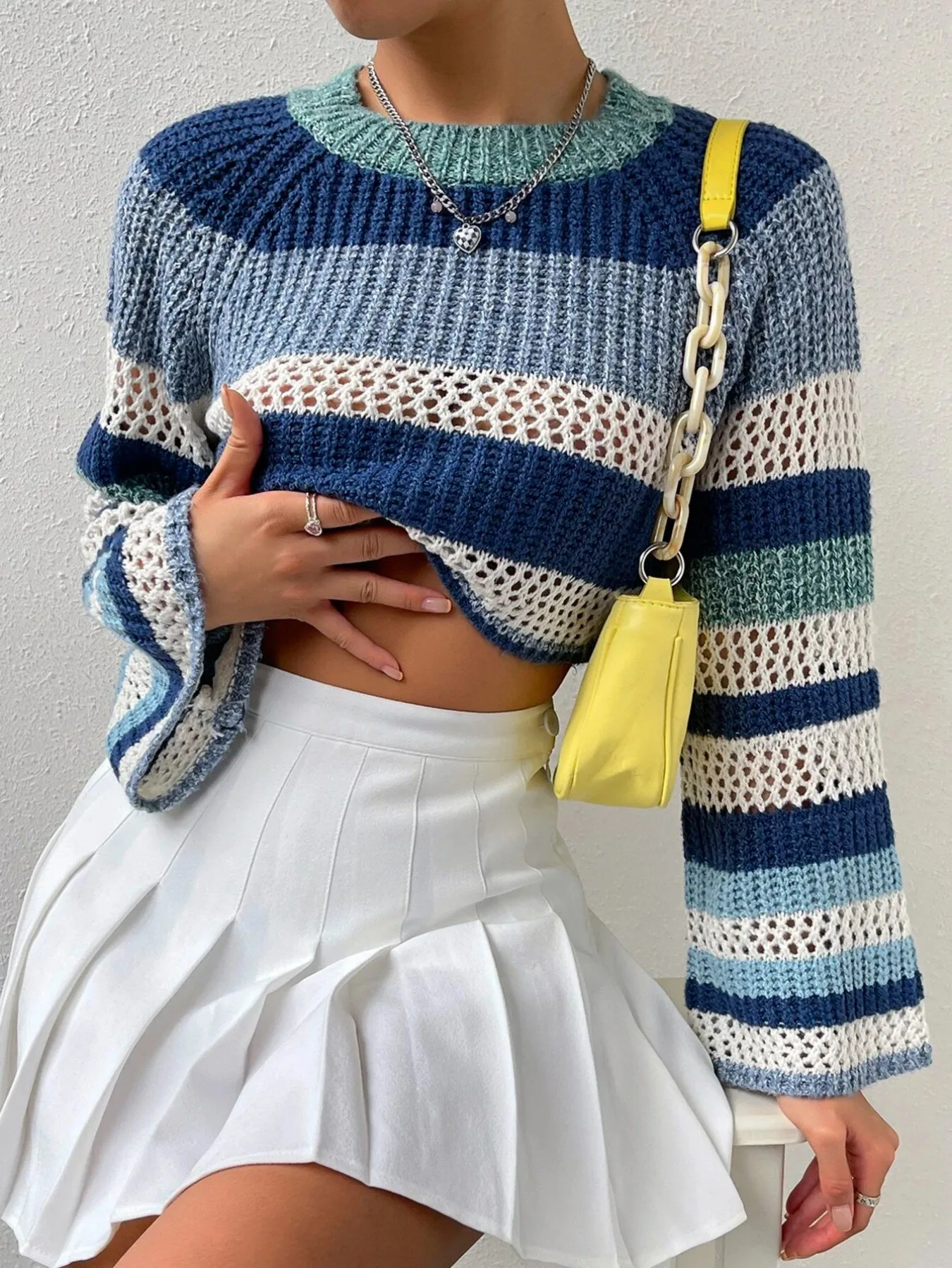 

Women's Blue Striped Crochet Knit Crop Top Bell Sleeve Hollow Out Sweater