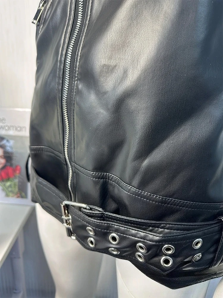 KONDALA 2025 Women Autumn Spring Vintage Waistcoats Leather Vest Sleeveless Zipper Pockets Jacket Streetwear Belt Loose Outwears