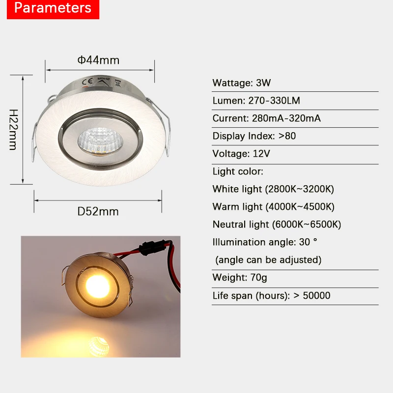 10PCS 52mm 2 inch 3W LED Ceiling Spot Lights Recessed COB Mini LED Downlights DC12/24V Indoor Cabinet Lamp