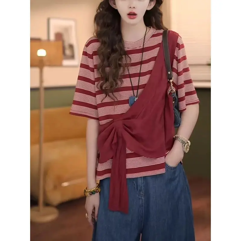 Contrast Striped Two Casual T Shirts Summer Women Clothing Short Sleeve Plus Size Youth Pleated Trend Tops Fashion Vintage