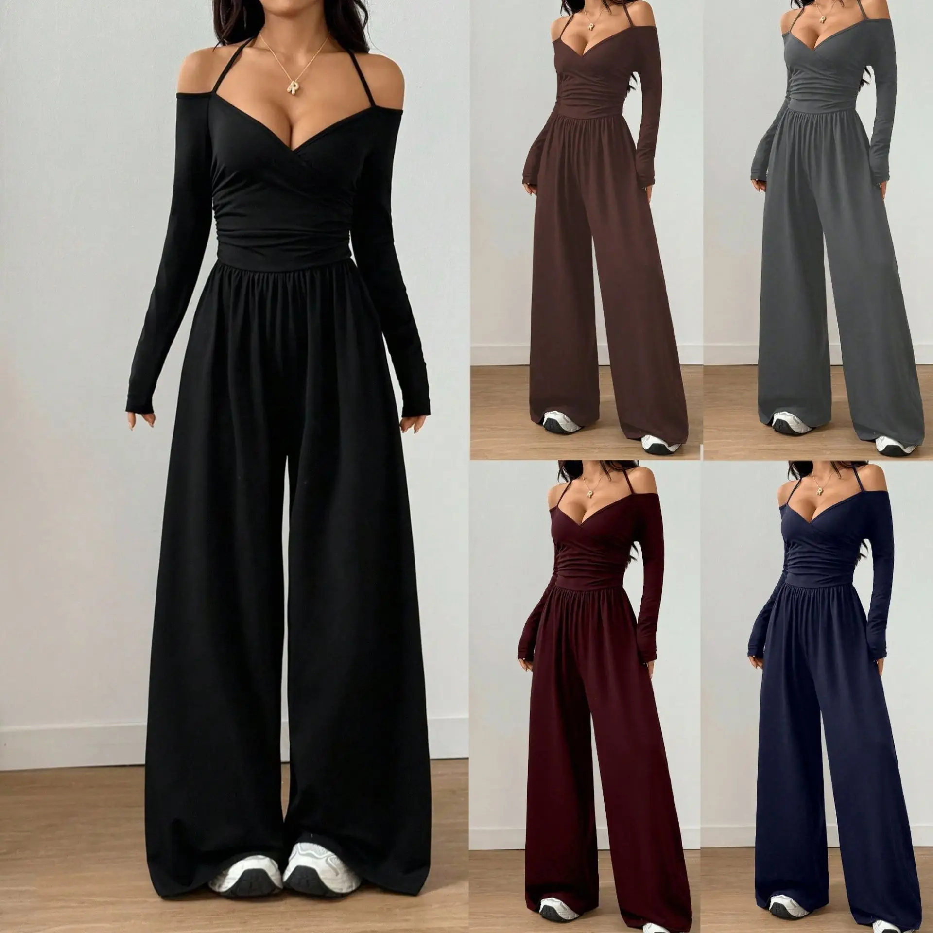 Jumpsuits Women One Piece Full Sleeve Off Shoulder Halter Lace Up Wide Leg Long Pants Solid Y2k Streetwear Jumpsuit Work 2026