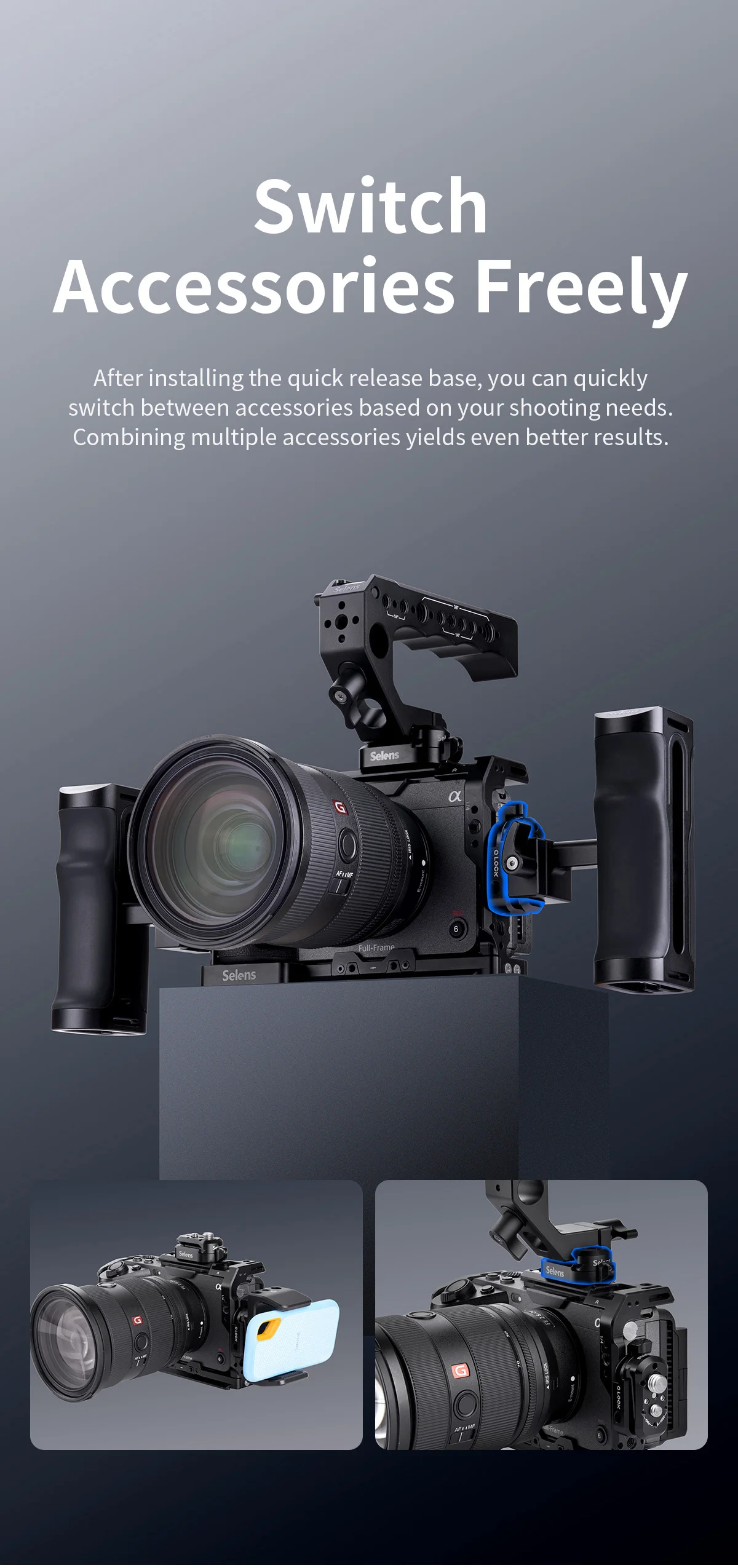 Selens Alu-Legierung Q-Lock Mini Schnellmontage-Kit mit mehreren 1/4-, 3/8- und ARRI-Positionierungslöchern für NATO-Verlängerungen an Käfigen, Magic Arm – Detail 3