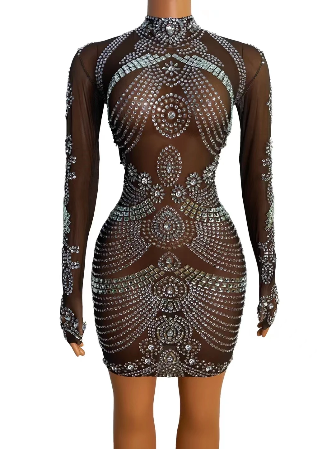 

Birthday Women's Black Mesh See-throughMini Dress Sexy High Neck Long Sleeve BeadedBodycon Dress Club Party plus size A195