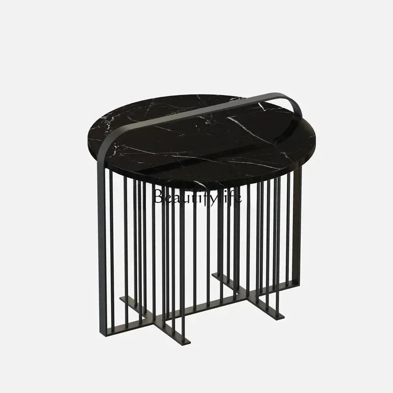 

03. Скандинавский матовый черный металлический кофейный столик с мраморной столешницей, креативный портативный приставной столик для дивана, дизайнерский кофейный столик