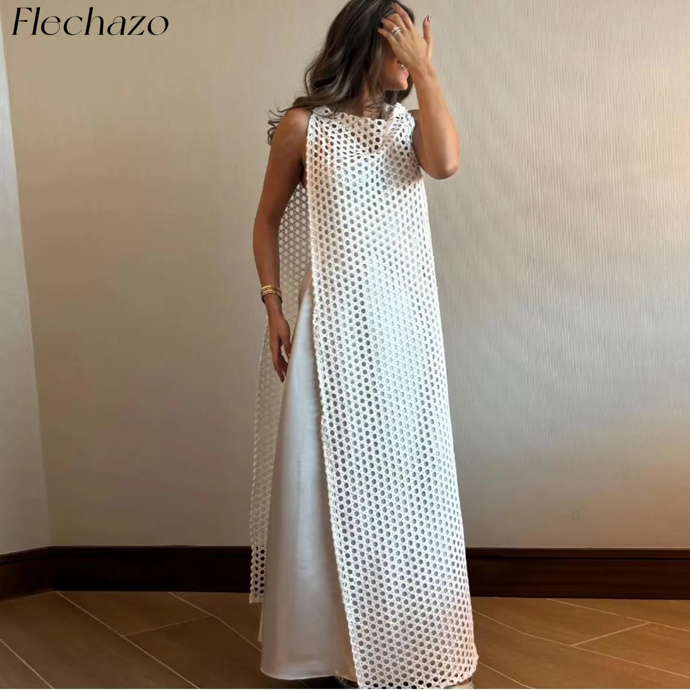 

Flechazo White Evening Dresses O Neck Sleeveless Mesh Cape Beach Daily Party Dress For Women 2024 vestidos فساتين سهره فاخره